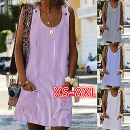 Casual Dresses Women Summer Print Striped Sleeveless Pocket Female Tank Vest Loose T Shirt Fashion Pullover Tops 230216