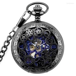 Pocket Watches Black Steel Mechanical Watch Steampunk Vintage Gear Analog Skeleton Hand Winding