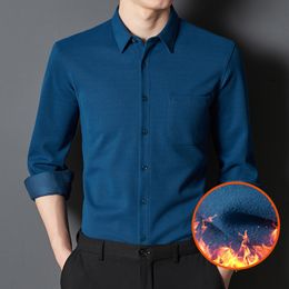 Men's Dress Shirts Thick Velvet Winter Autumn Long Sleeve Stretch Soft Solid Striped Fleece Lining Slim Brushed 230216