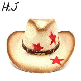 Wide Brim Hats Women Men Straw Western Cowboy Hat With Punk Leaves Band Star Lady Dad Sombrero Hombre Cowgirl Jazz Caps Size 58CM