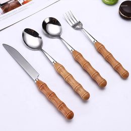 Dinnerware Sets Set Of 4 Bamboo Wood Cutlery Stainless Steel Flatware Eating Utensils Include Table Spoon Fork Knife