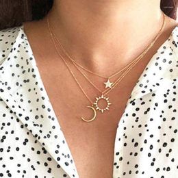 Pendant Necklaces Crystal Sun Star Moon Necklace For Women Gold Colour Geometric Clavicle Chain Vintage Collares Boho Jewellery