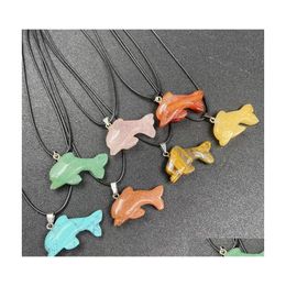 Pendant Necklaces Healing Crystal Natural Stone Dolphin Animal Charms Turquoise Tiger Eye Lapsi Pink Rope Chain Wholesale Christmas Dhkt1