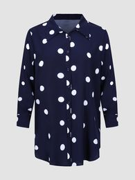 Women's Plus Size T-Shirt Finjani Women Blouses Plus Size Navy Blue Shirt Polyester Long Sleeve Polo Neckline Women's Blouses Top 230216