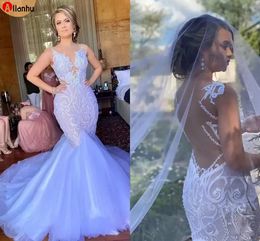 Arabo Aso Ebi Abiti da sposa a sirena vintage sexy in pizzo Abiti da sposa con scollo a barchetta in rilievo Abiti da sposa economici senza schienale BC15203