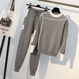 Women's Two Piece Pants Sets Woman Sweater Suits Knit Casual Tracksuits Crewneck Pullovers Drawstrings Elastic Female Outfits 800E