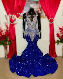 Sparkly Royal Blue O Neck Long evening Dresses Black Girls 2023 gillter Celebrity prom Beaded Birthday Party Gowns Mermaid