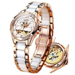 Wristwatches Luxury Mechanical Women Watch Love Swan Design Skeleton Elegant Ceramics Strap Waterproof Ladies Wristwatch Girls Dress Watch 230215