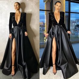 Sexy Bling Black Split Side Prom Dresses African Long Sleeves V Neck Sequined Top A Line Special Occasion Prom Gowns Evening Vestidos BC12959