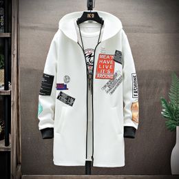 Men's Trench Coats Fashion Printed Mens Coat Streetwear Hooded Harajuku Windbreaker Slim Fit Ribbons Outwear 230216