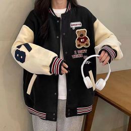 Women's Jackets Spring and Autumn traf gothic retro bear baseball uniform girls students loose Korean version of the top casual jacket 230216