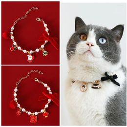 Dog Collars Cute Pet Collar Adjustable Spring Festival Necklace Accessories Pearl Velvet Bow Year Christmas Pendant Kitten