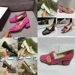 2023 Boat Shoe Designer Shoes High Heels Women Dress Shoes Classic Mid Heeled Womens Leather Thick Heel Round Head Metal Button 100% Cowhide Tassels Large Size 35-42