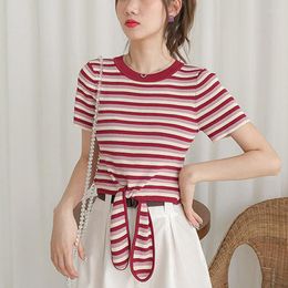 Women's T Shirts Chic Women Thin Knitted Brief Sweet Stripe T-Shirts Summer Short Sleeve Bow Tie Cropped Top