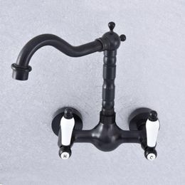 Bathroom Sink Faucets Black Oil Rubbed Brass Kitchen Basin Faucet Mixer Tap Swivel Spout Wall Mounted Dual Ceramic Handles Msf705