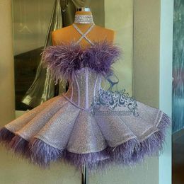 Party Dresses Shiny Purple Sequins Feathers Short Cocktail Dress Glitter Mimi Formal Prom Gowns Custom Made Luxury Crystals DressesParty