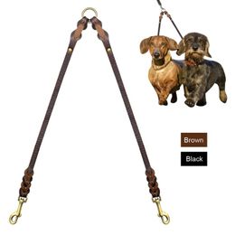 Dog Collars & Leashes High Quality Pet Braid Leash Genuine Leather Double 2 Way Anti-rust Pets Walking Strap For Dogs Black Brown