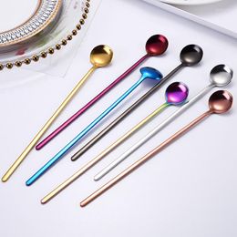 Dinnerware Sets 5pcs Round Head Long Handle Spoon Colourful Stainless Steel Spoons Flatware Drinking Tools Kitchen Gadget Coffee Fruit