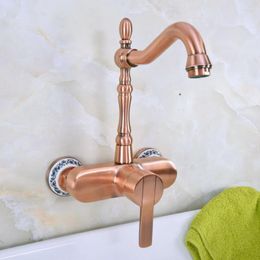 Bathroom Sink Faucets Single Handle Dual Hole Wall Mounted Basin Faucet Antique Red Copper Kitchen Cold And Water Mixer Tap Dnf939