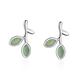 Stud Earrings Sweet Cute Green Crystal Leaves For Women Party Jewelry Fashion 925 Sterling Silver Earring Girl GiftsStud