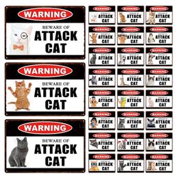 Retro Warning Poster Metal Tin Signs Plaque Family Rules Beware Of Attack Cat Wall Decor Art Poster Tin Signs Home Decoration Lovely Cats Painting Size 30X20CM w01