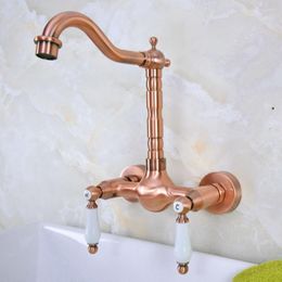 Bathroom Sink Faucets Antique Red Copper Brass Kitchen Faucet Mixer Tap Swivel Spout Wall Mounted Dual Ceramic Levers Handles Mnf948