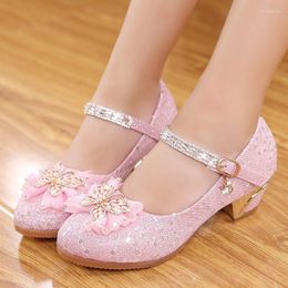 Flat Shoes Girl For Kids High-end Cute Girls Party High Heels Children Princess Leather Sequins Diamond