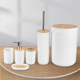 Bath Accessory Set 6pcs Bathroom Accessories Bamboo Wood Cover Trash Can Soap Lotion Dispenser Dish Storage Wash Organiser