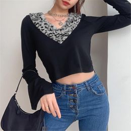 Women's T Shirts Womens Hiking Top Slim Sleeves Short Leopard V-neck Hairy Long Print Stitching Casual Sleeve