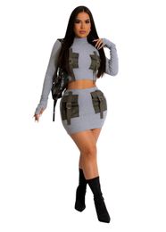 Designer Spring Dress Sets for Women Summer Long Sleeve Pullover Shirt Top and Bodycon Skirt Two Piece Sets Casual Grey Black Outfits Active Tracksuits 9275