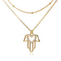 Pendant Necklaces GATTVICT Zircon Hollow Heart Fatima Hand Necklace Stainless Steel Gold Color Ball Link Chain Layered Jewelry