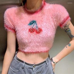 Women's T Shirts Ins Korean Fashion Lovely Pink Cherry Knitted Crop Tops Sweet Girl Skinny 2023 Summer Streetwear Hip Hop Y2k Aesthetic