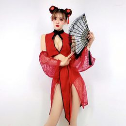 Stage Wear Women Pole Dance Perofrmance Costume Red Lace Chinese Style Gogo Clothing Sexy Dj Outfit Rave Nightclub Dancewear DNV16834