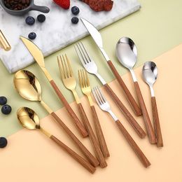 Dinnerware Sets 30pcs Stainless Steel Imitation Wooden Handle Golden Luxury Cutlery Flatware Forks Knives Spoons