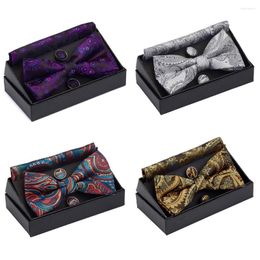 Bow Ties GUSLESON Men's Pre-tied Tie Set Paisley Floral Pocket Square Cufflinks With Gift Box For Man Gold Red Wedding