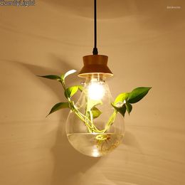 Pendant Lamps Glass Potted Light Plant Grow Wood Retro Lustres Hanging Fixtures Led Flower Luminaire Suspendu Home Decor