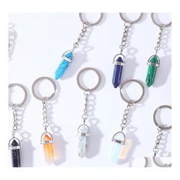 Key Rings Natural Stone Hexagonal Prism Keychains Healing Blue Rose Crystal Car Decor Keyholder For Women Men Drop Delivery Jewellery Dhzdj