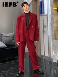 Men's Suits Blazers IEFB Autumn Winter Personalised Design Iron Ring Decoration Wine Red Suit 2023 Korean Fashion Solid Colour Male Luxury 9A5225 230216