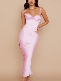 Casual Dresses Summer Satin Maxi Bodycon Sexy Event Night Wedding Guest Women Corset Party Pink Slit High Quality 230216