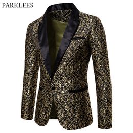 Mens Suits Blazers Gold Jacquard Bronzing Floral Blazer Men Brand Mens Patchwork One Button Blazer Jacket Party Stage Singer Costume Homme 230216