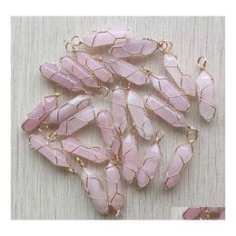 Charms Healing Natural Pink Rose Quartz Stone Crystal Handmade Gold Iron Wire Pillar Shape Pendants For Jewellery Making Drop Delivery Dhguj