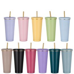 500ml 750ml Stainless steel tumblers with straw lid double walled Vacuum insulated sippy cup with gold rim macaron Colours coffee cups portable water bottle