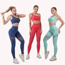 Active Sets Seamless Women Yoga Suit One Shoulder Bra High Waist Leggings Two Pieces Set Hollow Out Solid Sports Wear Fitness Gym Sportswear