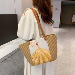 Casual Cartoon Straw Women Shoulder Bags Paper Woven Striped Handbags Summer Beach Large Basket Bag Big Tote Purse 2023 Holiday 230129