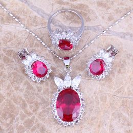 Necklace Earrings Set Awesome Red Cubic Zirconia White CZ Silver Plated Pendant Ring Size 5 / 6 7 8 9 10 11 12 S0416