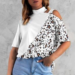 Women's Blouses Women Summer Loose Leopard Blouse Round Neck Cold Shoulder Shirts Casual Short Sleeve Oversized Pullovers Blusas Feminina