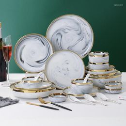 Plates Double-sided Gilt Rim Grey Marble Pattern Porcelain Dinner Plate Set Salad Noodles Bowl Ceramic Tableware