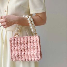 Fashion Pearl Chains Crochet Women Handbags Knitted Lady Hand Bags Handmade Woven Box Shoulder Bag Cute Small Purses 2023 Sac 230129