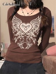 Women's T-Shirt Vintage Graphic Print Y2K Tshirts Streetwear Retro Aesthetic Fairycore Kawaii Tops Tee Autumn Cotton Brown Clothes Cuteandpsycho 230215