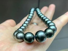 Chains Fine 10-12.5mm Tahitian Pearl Necklace For Women Round Peacock Green Seawater Beads Wedding Party Jewellery Gifts Silver ClaspChains